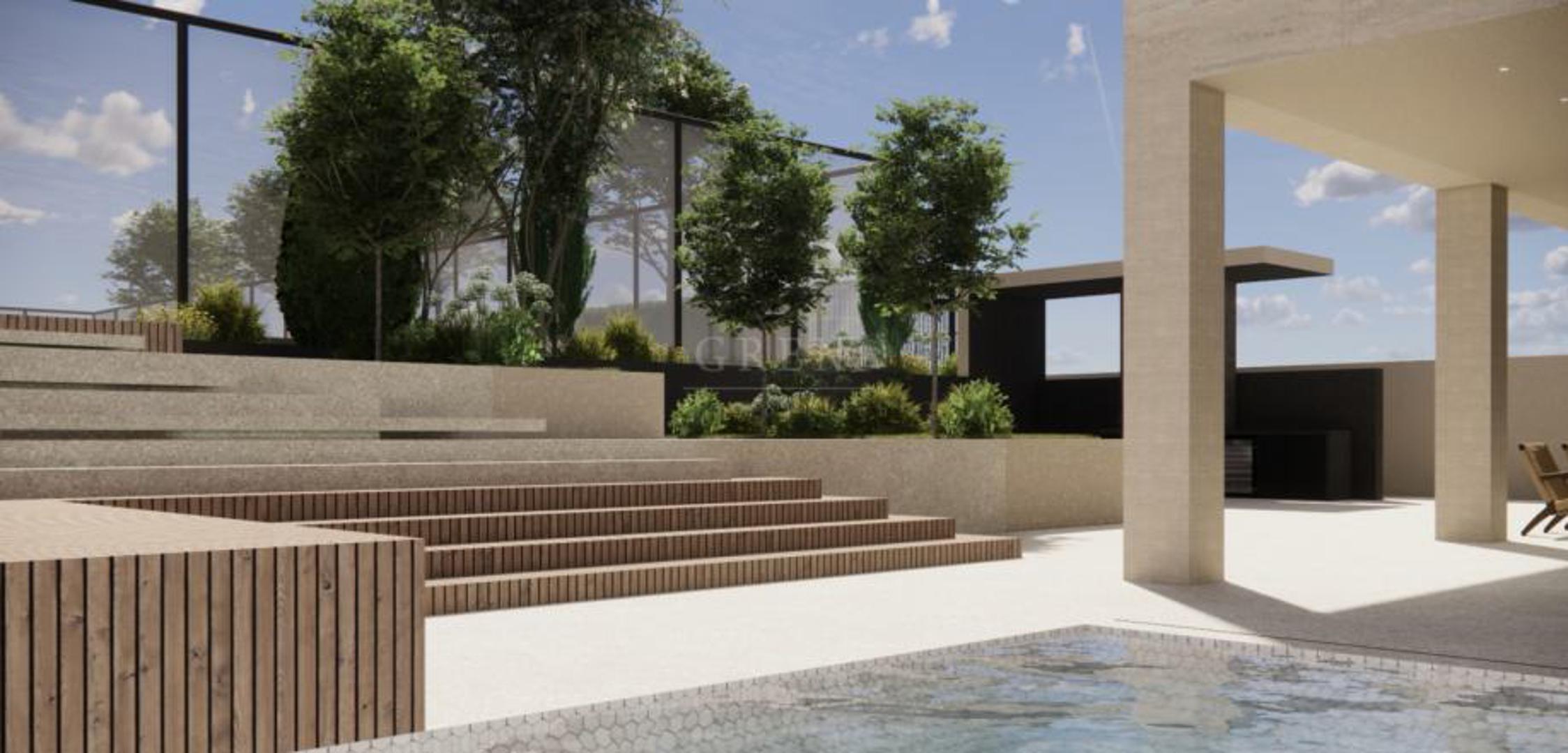 Dnevni boravak s pogledom na okućnicu i bazen, wellness zona sa saunom i prostorom za opuštanje
