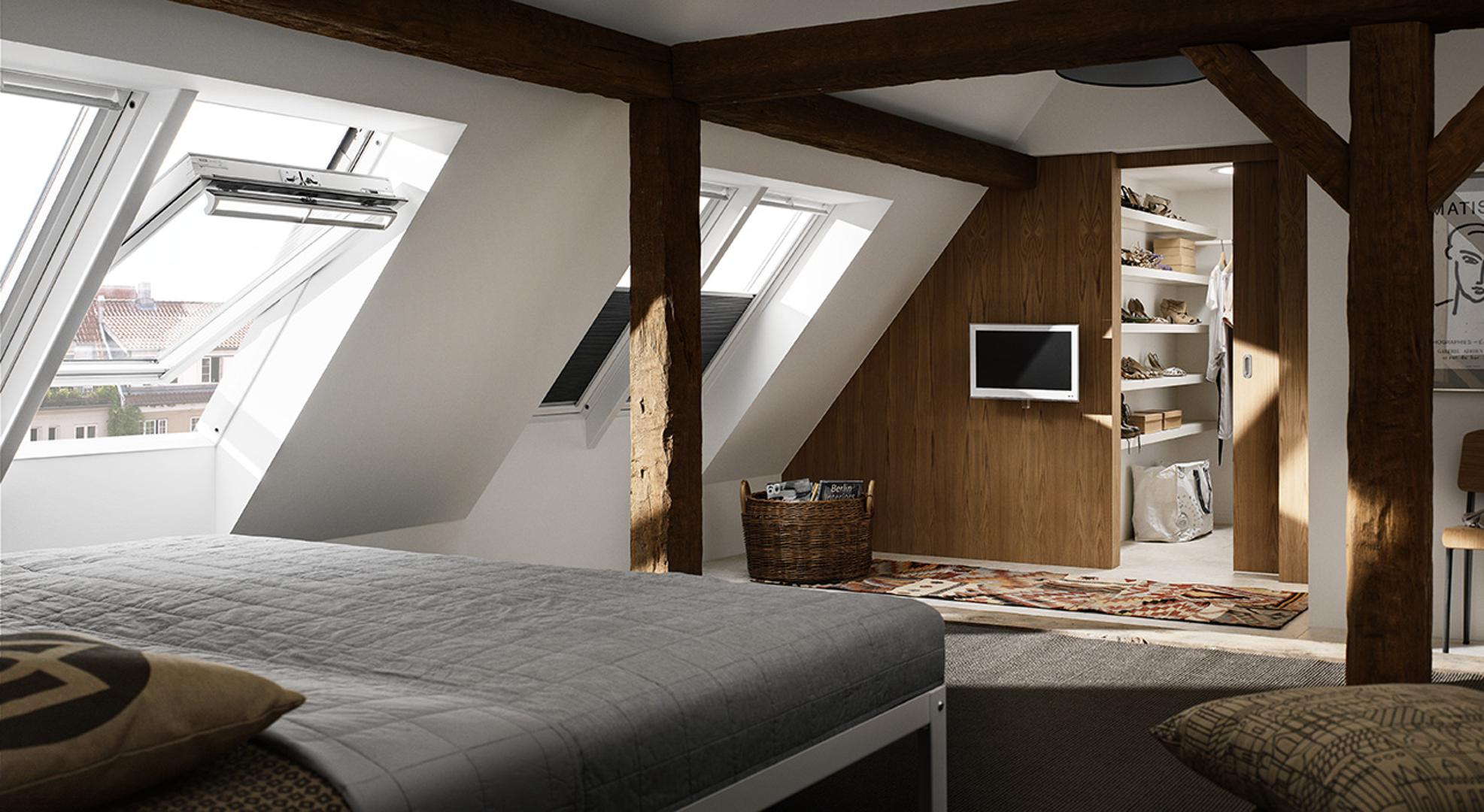 Evo sjajne ideje za spavaću sobu u potkrovlju s istaknutim gredama i velikim krovnim prostorima